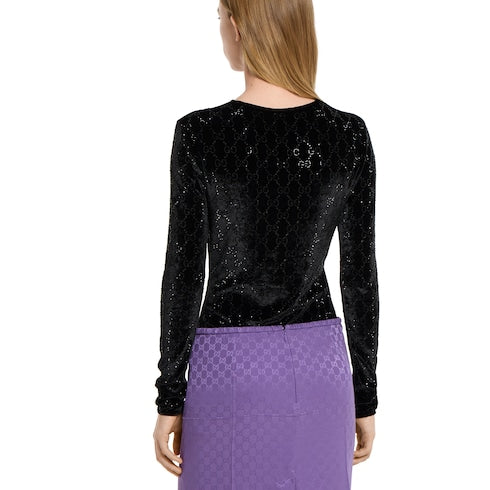 Embroidered stretch chenille top - black