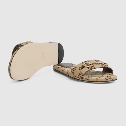 Women's slide sandal with Horsebit - beige and dark brown GG canvas