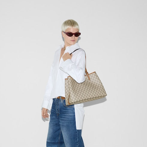 GG Emblem large tote bag - beige and brown GG fabric