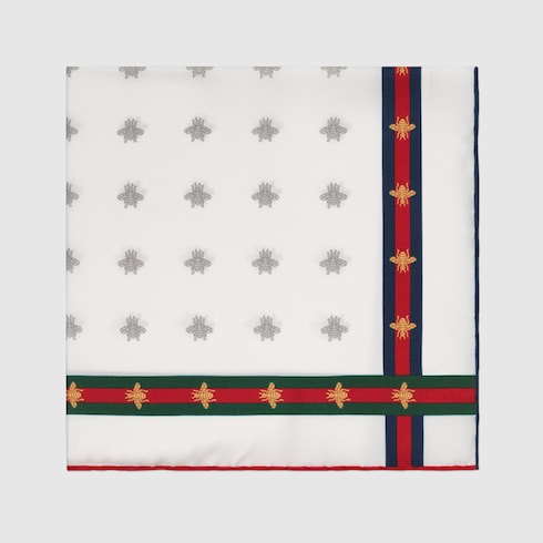 White Silk Bee Pattern Pocket Square - White Silk