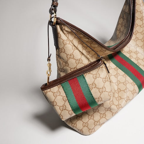 Large shoulder bag with Web - sand and brown GG canvas