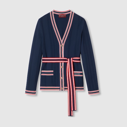 Self-tie cardigan with striped trim - dark blue