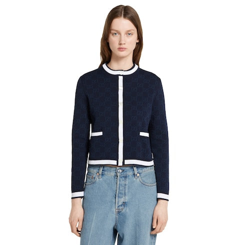 GG fine cotton jacquard cardigan - navy and white