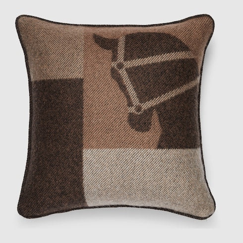 Wool jacquard cushion - brown and beige