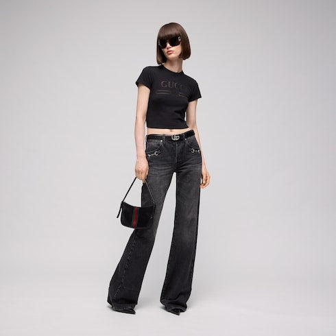 GG Marmont thin belt with crystals - black leather