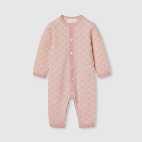 Baby GG wool jacquard one-piece - light pink and white