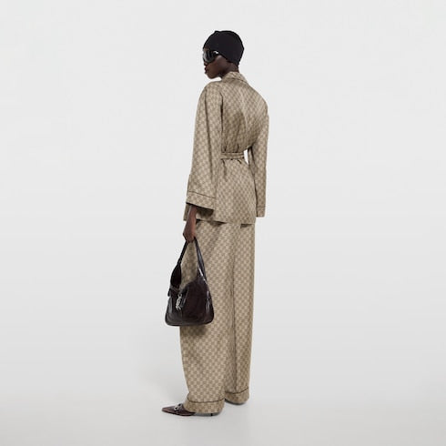 Printed silk twill shirt - beige and dark brown