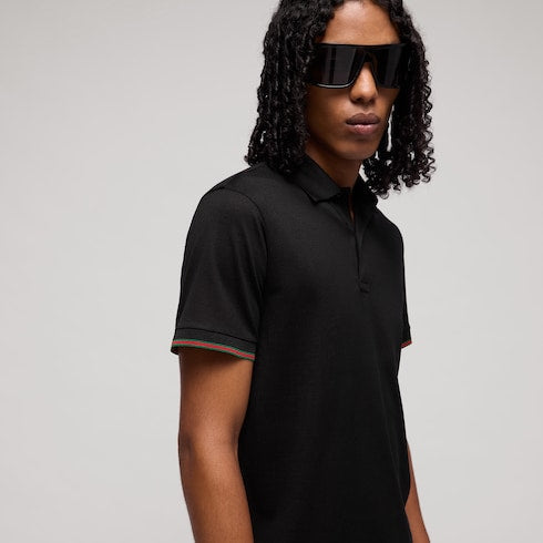 Silk jersey polo shirt with Web - black