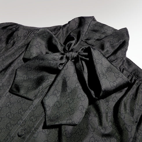 Printed silk twill shirt with bow - black