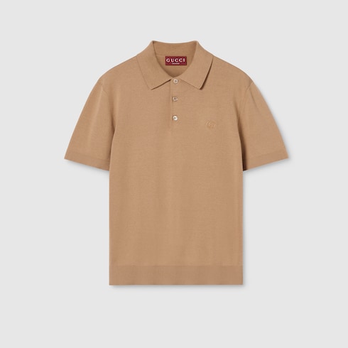 Silk cotton polo shirt with embroidery - light brown