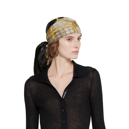 Printed silk twill carré - black and beige
