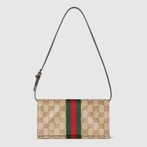 Small pouch with strap and Web - sand and brown GG canvas