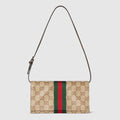 Small pouch with strap and Web - sand and brown GG canvas