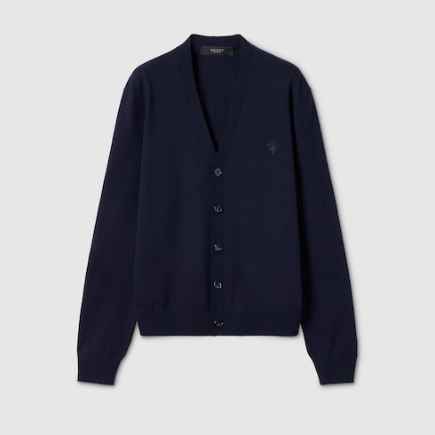 Knit wool cardigan with embroidery - dark blue