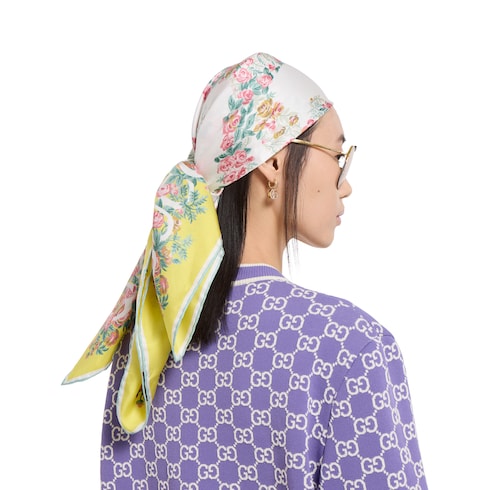 Printed silk twill carré - aquamarine and yellow