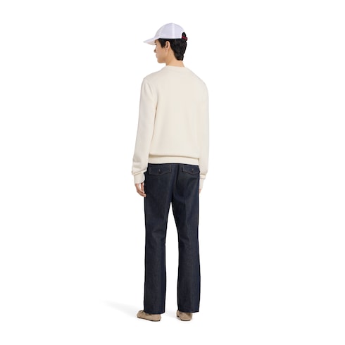 Knit cotton wool sweater with intarsia - white