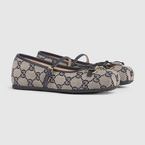 Children's ballet flat with Horsebit - beige and blue GG canvas