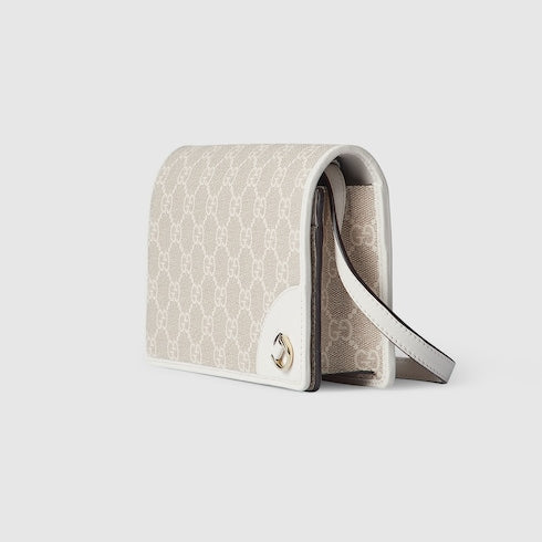 GG Emblem wallet with leather strap - beige and white fabric