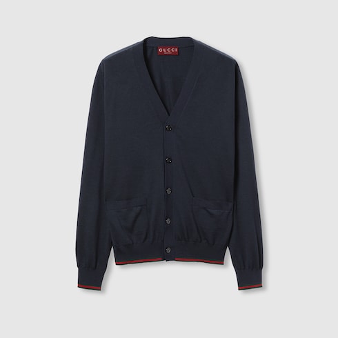 Wool knit cardigan with Web - dark blue