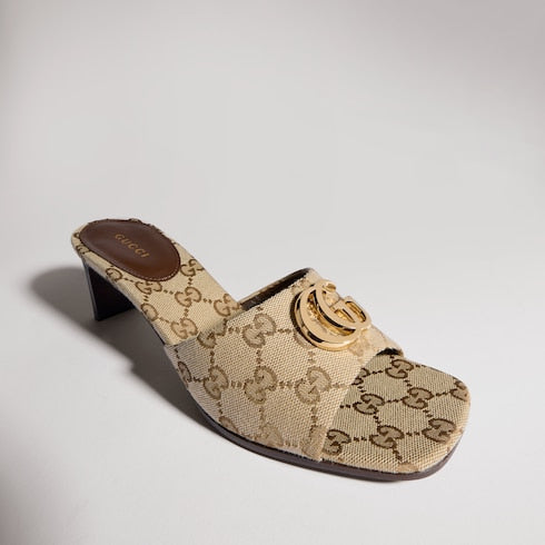 Women's slide sandal with Double G - sand and brown GG canvas