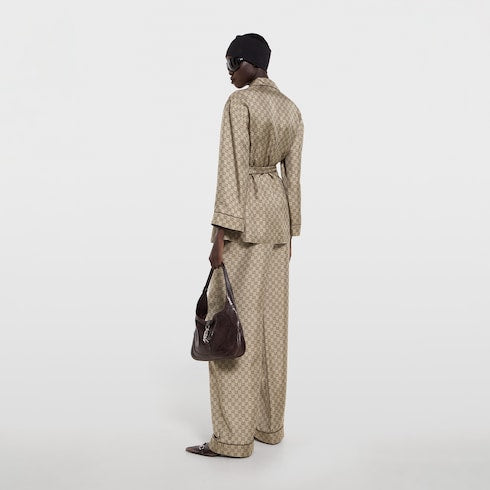 Printed silk twill leisure pants - beige and dark brown