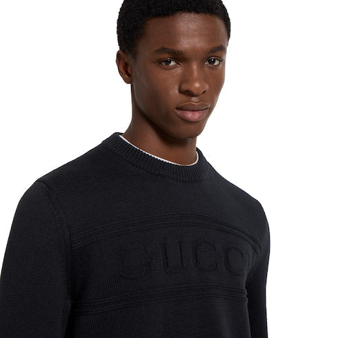 Knit cotton wool sweater with intarsia - black