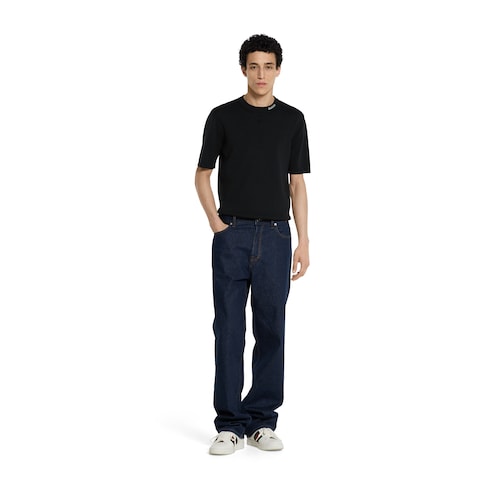 Silk cotton T-shirt with Gucci intarsia - black