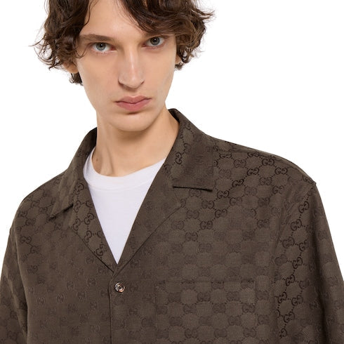 GG canvas linen blend bowling shirt - brown