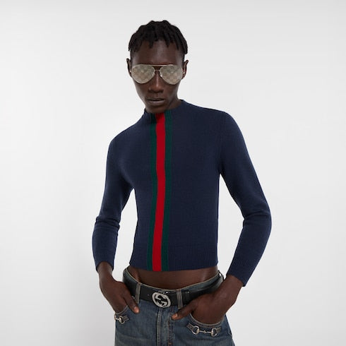 Fine knit wool sweater with Web - blue