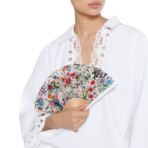 Small Flora print fan - white and multicolor