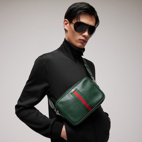Web Trademark small crossbody bag - dark green leather