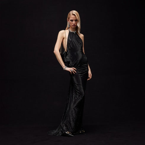 Embroidered silk stretch chiffon long dress - black