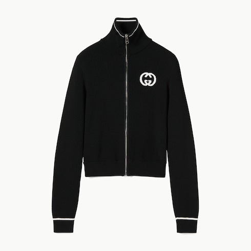 Ribbed zip jacket with intarsia - black