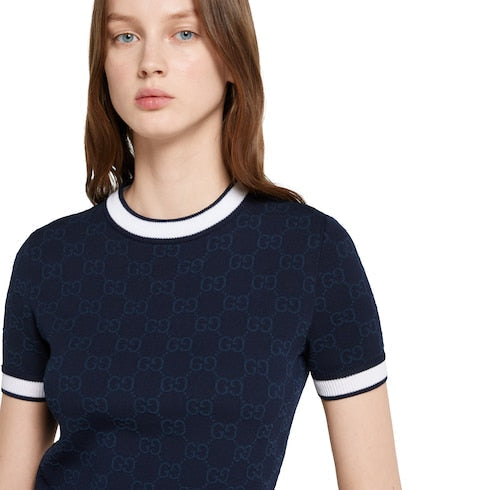 GG fine cotton jacquard top - navy and white