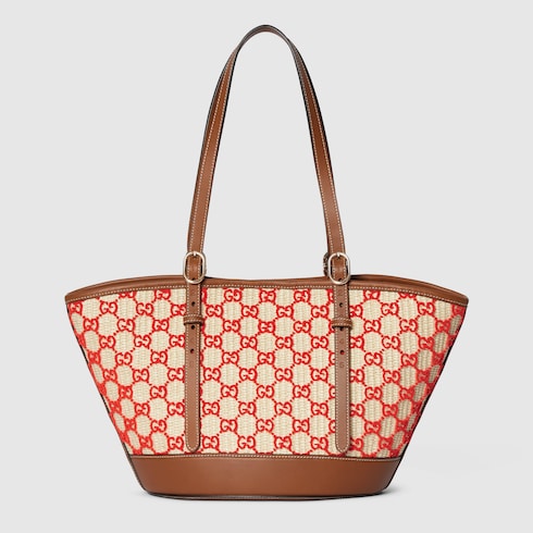 Woven small tote bag - natural and red fabric