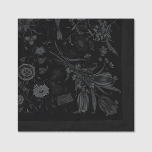 Printed cotton silk pocket square - black and grey