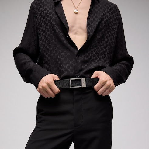 Reversible belt with rectangular buckle - black GG leather and leather