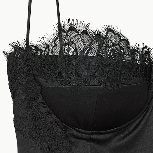 Embroidered silk satin top - black