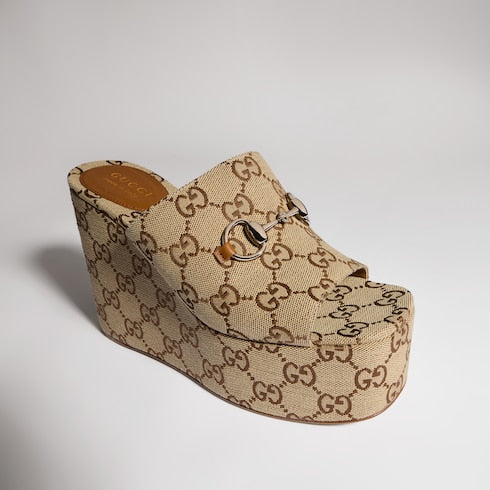 Women's wedge sandal with Horsebit - beige and dark brown GG canvas