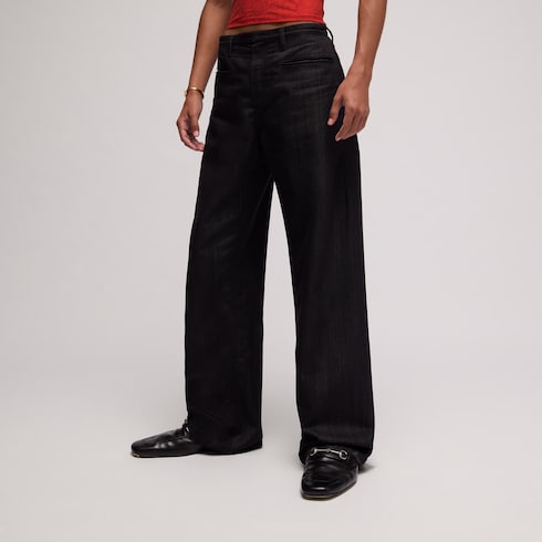 Loose fit cotton blend denim pants - black