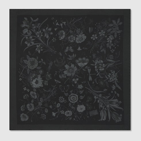 Printed cotton silk pocket square - black and grey
