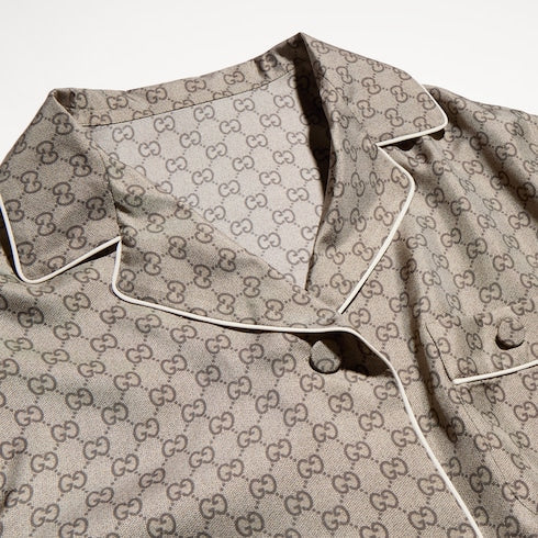 Printed silk twill shirt - beige and dark brown