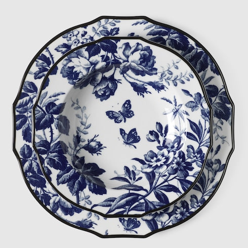 Herbarium rim soup bowl, set of two - blue and white porcelain