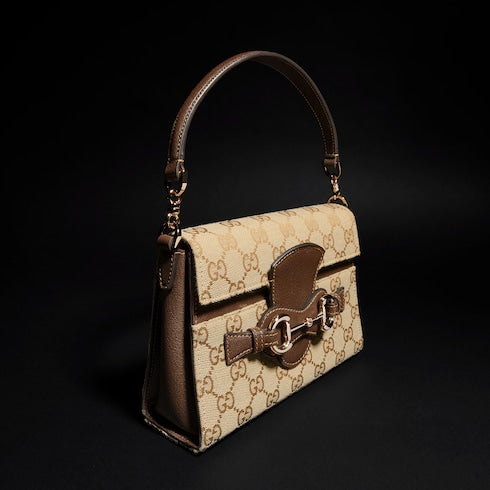 Horsebit Duomo small top handle bag - sand and brown GG canvas
