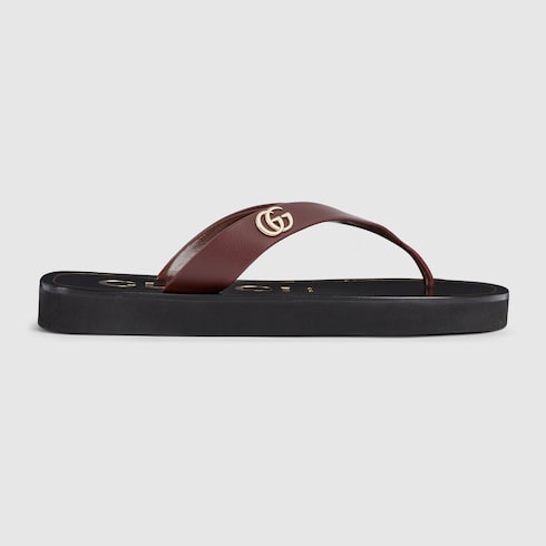 Women's thong sandal with Double G - brown and yellow leather