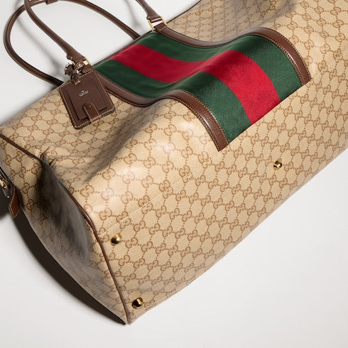 Medium GG duffle bag with Web - sand and brown GG canvas