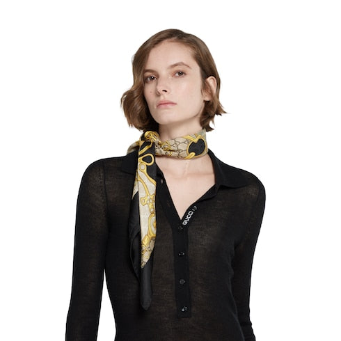 Printed silk twill carré - black and beige