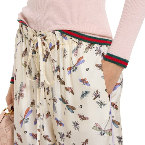 Printed silk twill pants - white