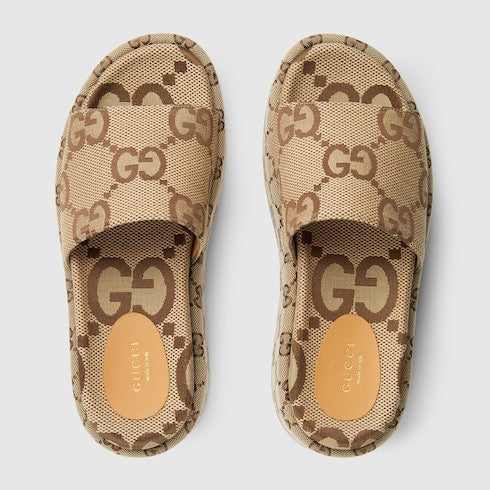 Women's platform slide sandal - camel and dark brown maxi GG canvas