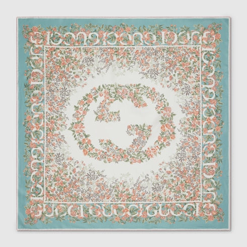 Printed silk twill carré - acquamarine and pink
